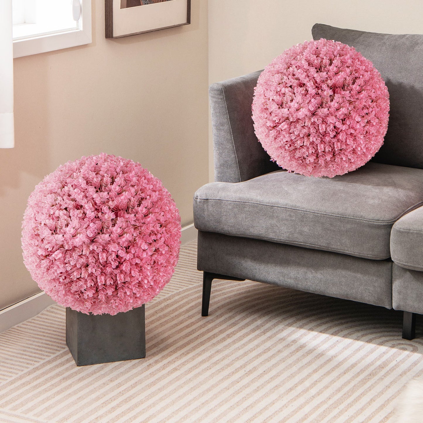 Bolas decorativas de eucalipto falso morado de 17.5 pulgadas con 7 capas de hojas para patio trasero, porche, jardín y boda - Rosa