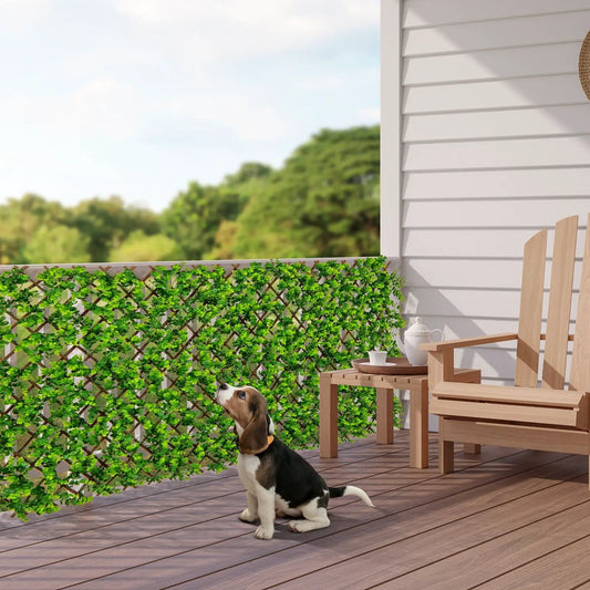 Expandable Fence Privacy Screen and Hedge with green artificial leaves on balcony railing on Tampa Home & Garden Store