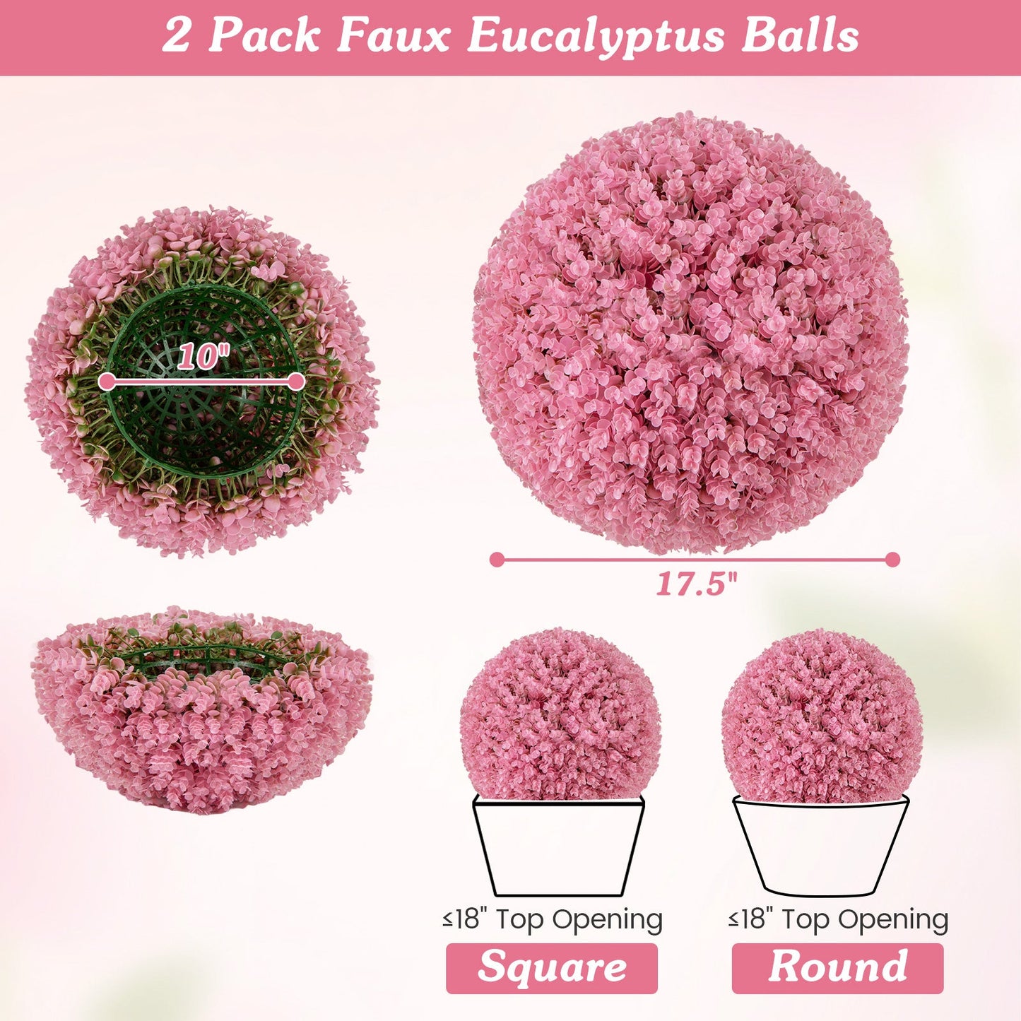 Bolas decorativas de eucalipto falso morado de 17.5 pulgadas con 7 capas de hojas para patio trasero, porche, jardín y boda - Rosa