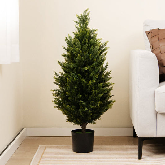 3 Feet Artificial Topiary Cedar Tree with Cement Plastic Pot and Faux Moss-Green - Tampa Home & Garden Store