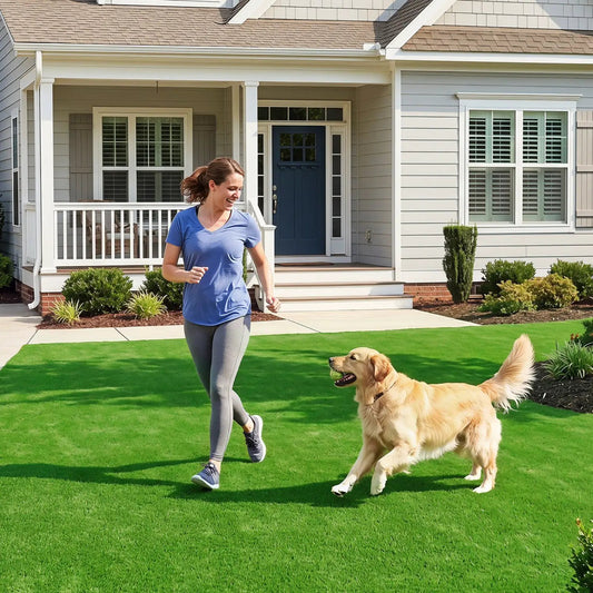 Artificial Turf Rug 0.3 inch pile height in vibrant green front yard scene with a woman and dog on Tampa Home & Garden Store
