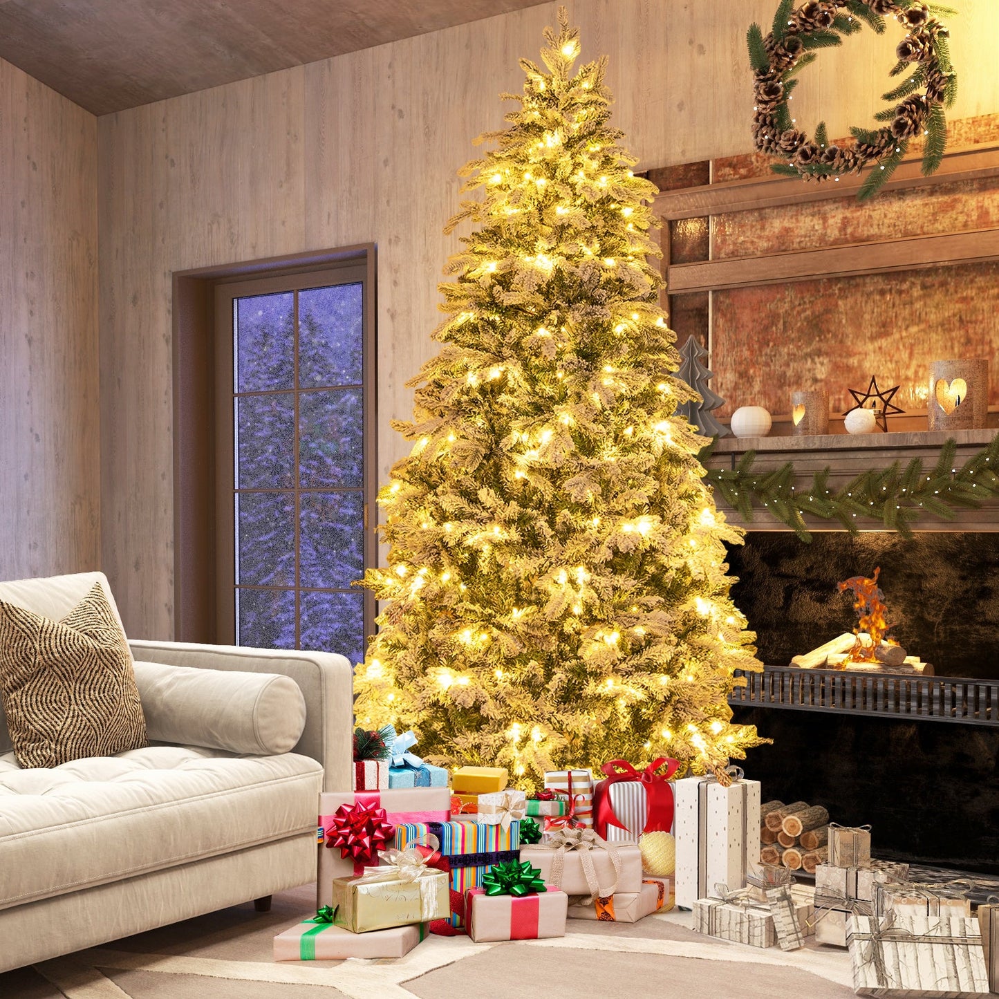 4.5/6/7 Feet Flocked Christmas Tree with Warm White LED Lights