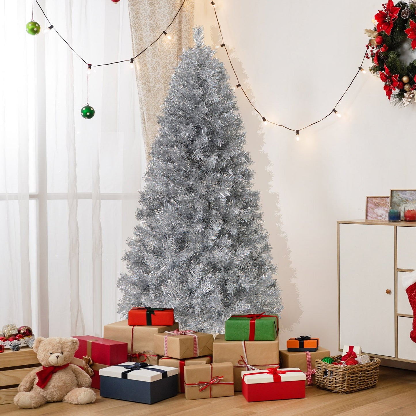 Árbol de Navidad artificial con puntas de rama y luces LED blancas cálidas - 1.83 m