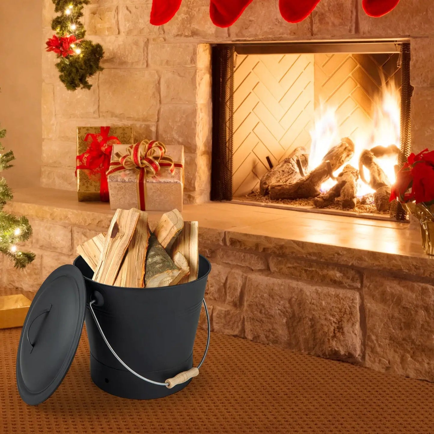 Ash Bucket with Lid and Cut Resistant Gloves