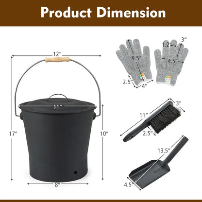 Ash Bucket with Lid and Cut Resistant Gloves