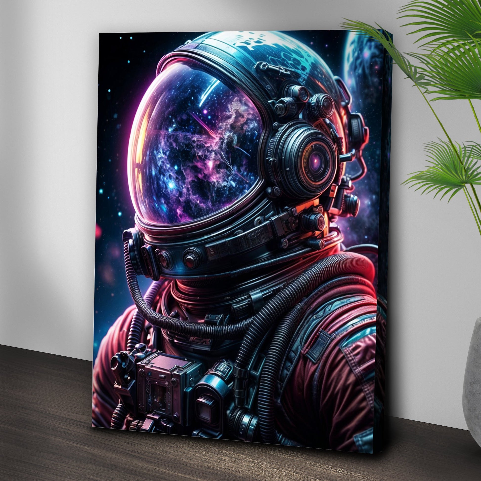 Cool Astronaut Glow Wall Art canvas with neon space helmet and tangled cables on Tampa Home & Garden Store