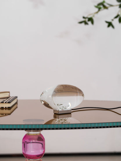 Seren crystal glass table lamp with chrome base on mirrored shelf by Moktan Sabai on Tampa Home & Garden Store