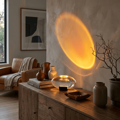 Table lamp Seren crystal glass with chrome base by Moktan Sabai casting warm amber glow on Tampa Home & Garden Store