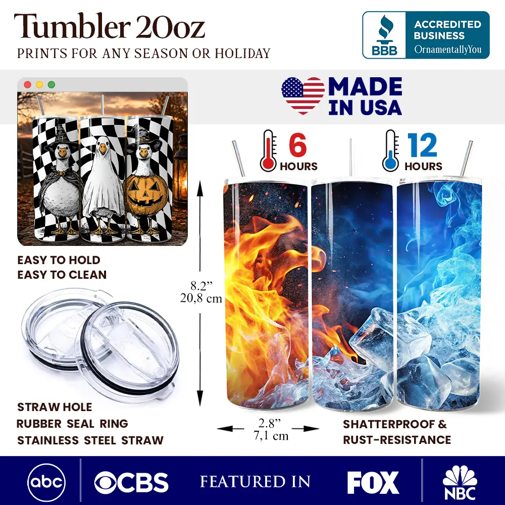Haunting Honkers Goose 20oz tumbler with lid and straw; three flame-ice wrap tumblers on Tampa Home & Garden Store