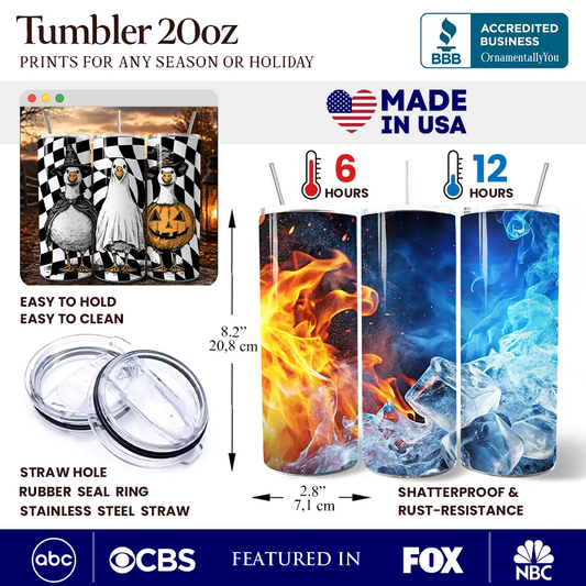 Haunting Honkers Goose 20oz tumbler with lid and straw; three flame-ice wrap tumblers on Tampa Home & Garden Store