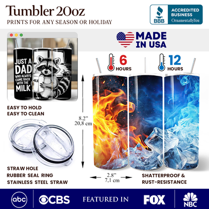 Just A Dad Who Always Came Back With The Milk 20oz Personalized Tumbler With Lid and Stainless Steel Straw, Funny Raccoon Dad Gift Cup