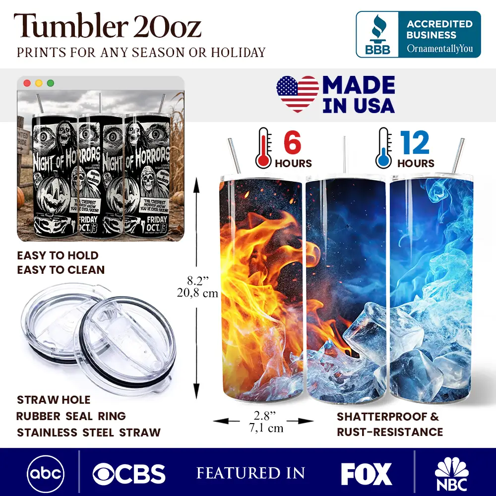 Night of Horrors 20oz tumbler set (3-pack) with lid by OrnamentallyYou; fiery and icy designs on Tampa Home & Garden Store