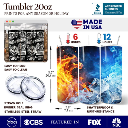 Night of Horrors 20oz tumbler set (3-pack) with lid by OrnamentallyYou; fiery and icy designs on Tampa Home & Garden Store