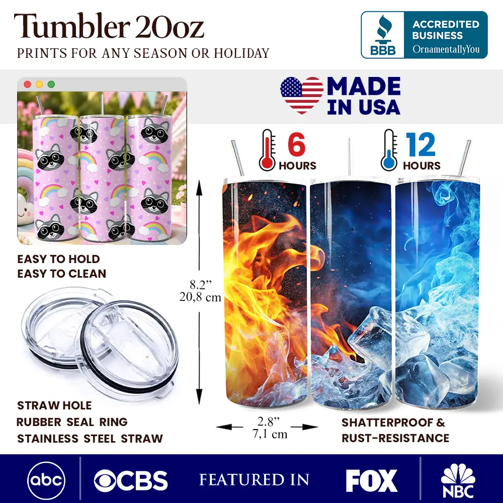 20oz pink tumbler with raccoon rainbow pattern lid and stainless steel straw OrnamentallyYou on Tampa Home & Garden Store
