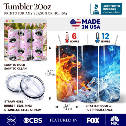 20oz pink tumbler with raccoon rainbow pattern lid and stainless steel straw OrnamentallyYou on Tampa Home & Garden Store