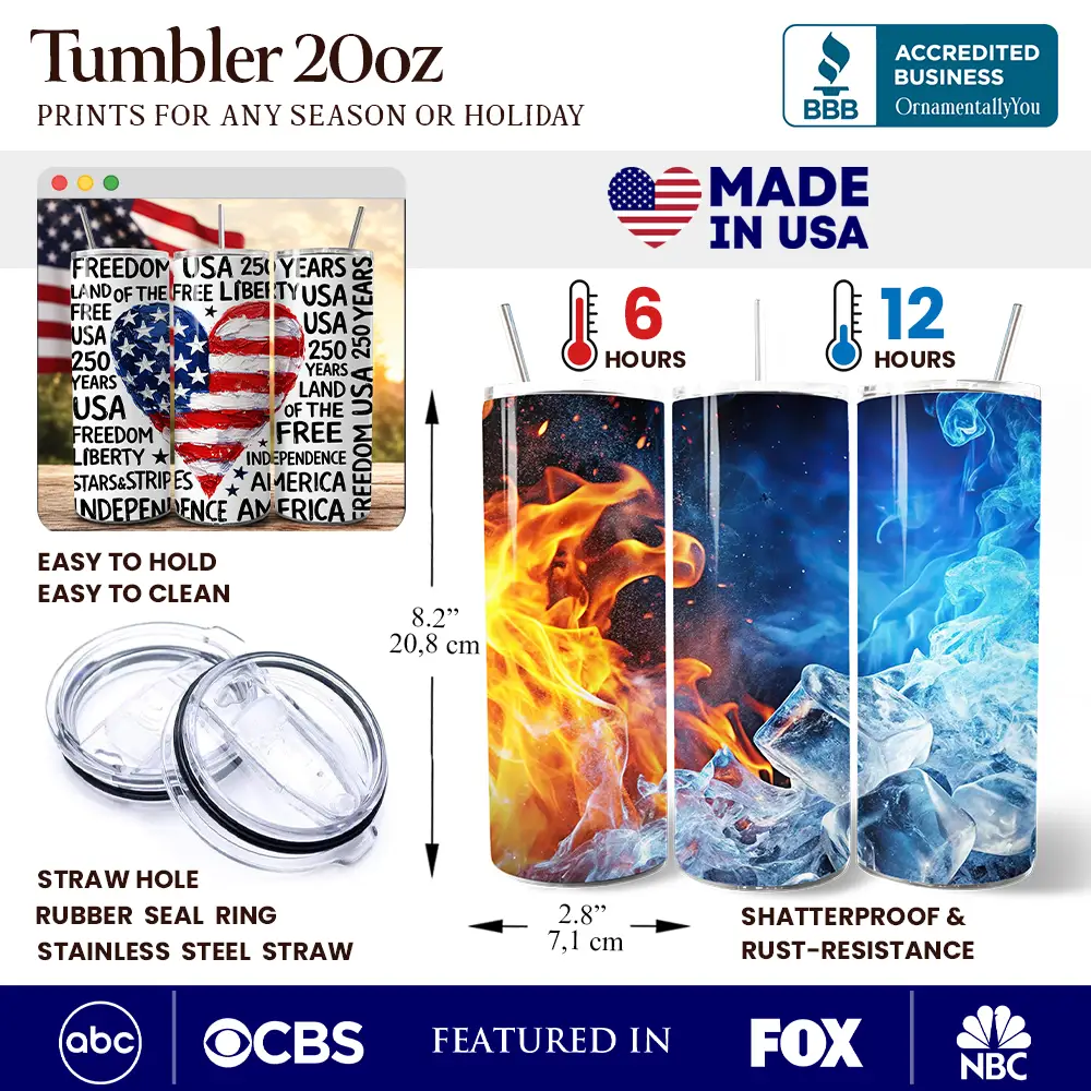 Tumbler 20oz patriotic USA 250 Heart with lids and stainless straws OrnamentallyYou 3-pack on Tampa Home & Garden Store