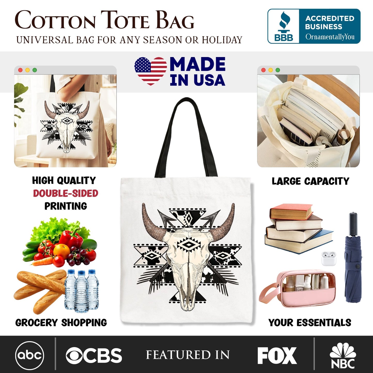 Western Aztec Tribal Bull Skull and Tote Bag