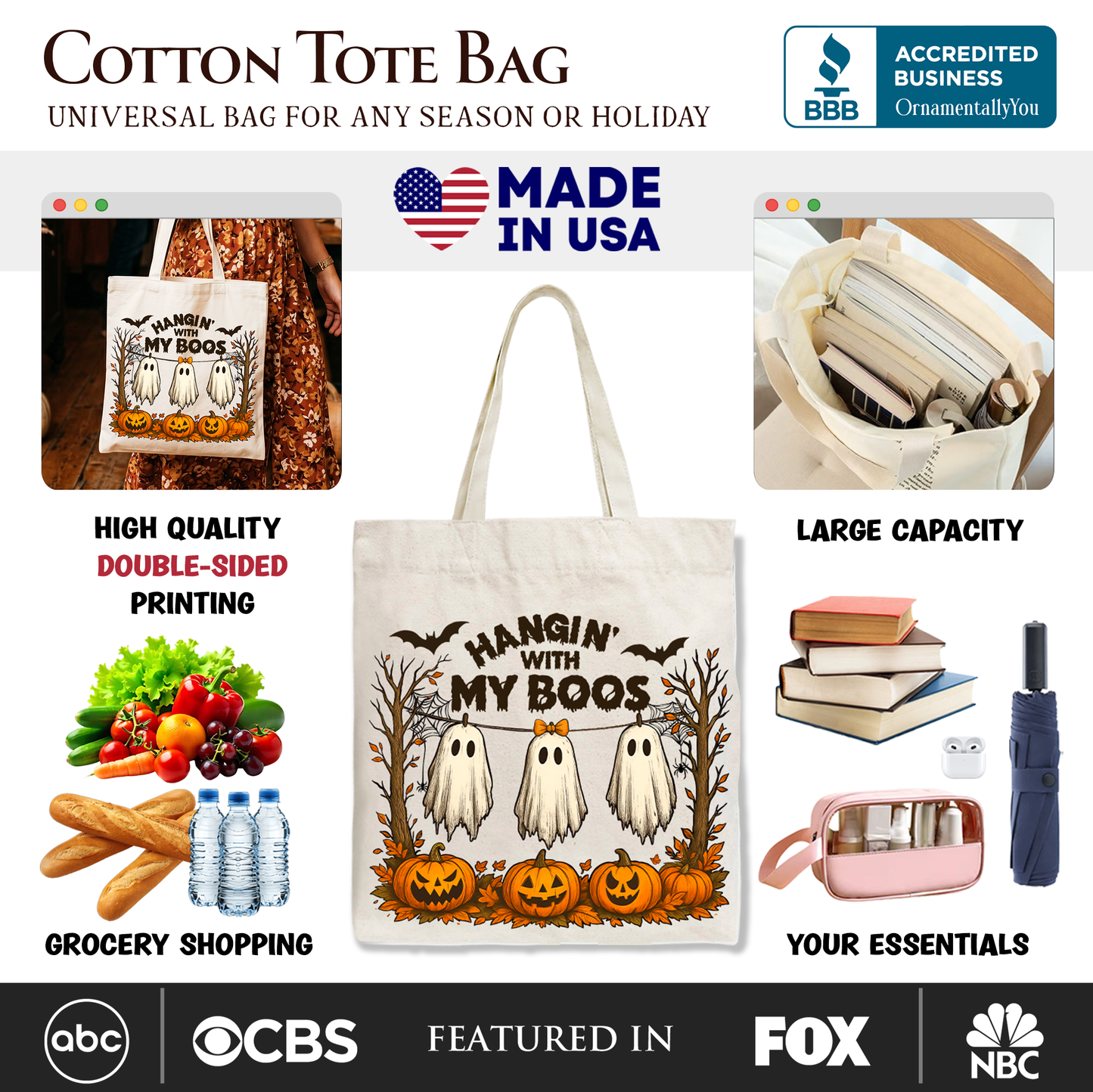 Boho Canvas Ghost Tote Bag and Fall Pumpkin Gift