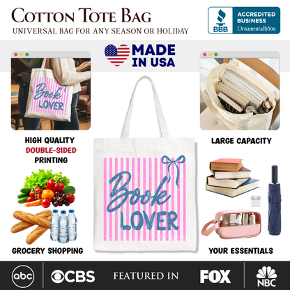 Book Lover Striped Canvas Tote Bag and Reader