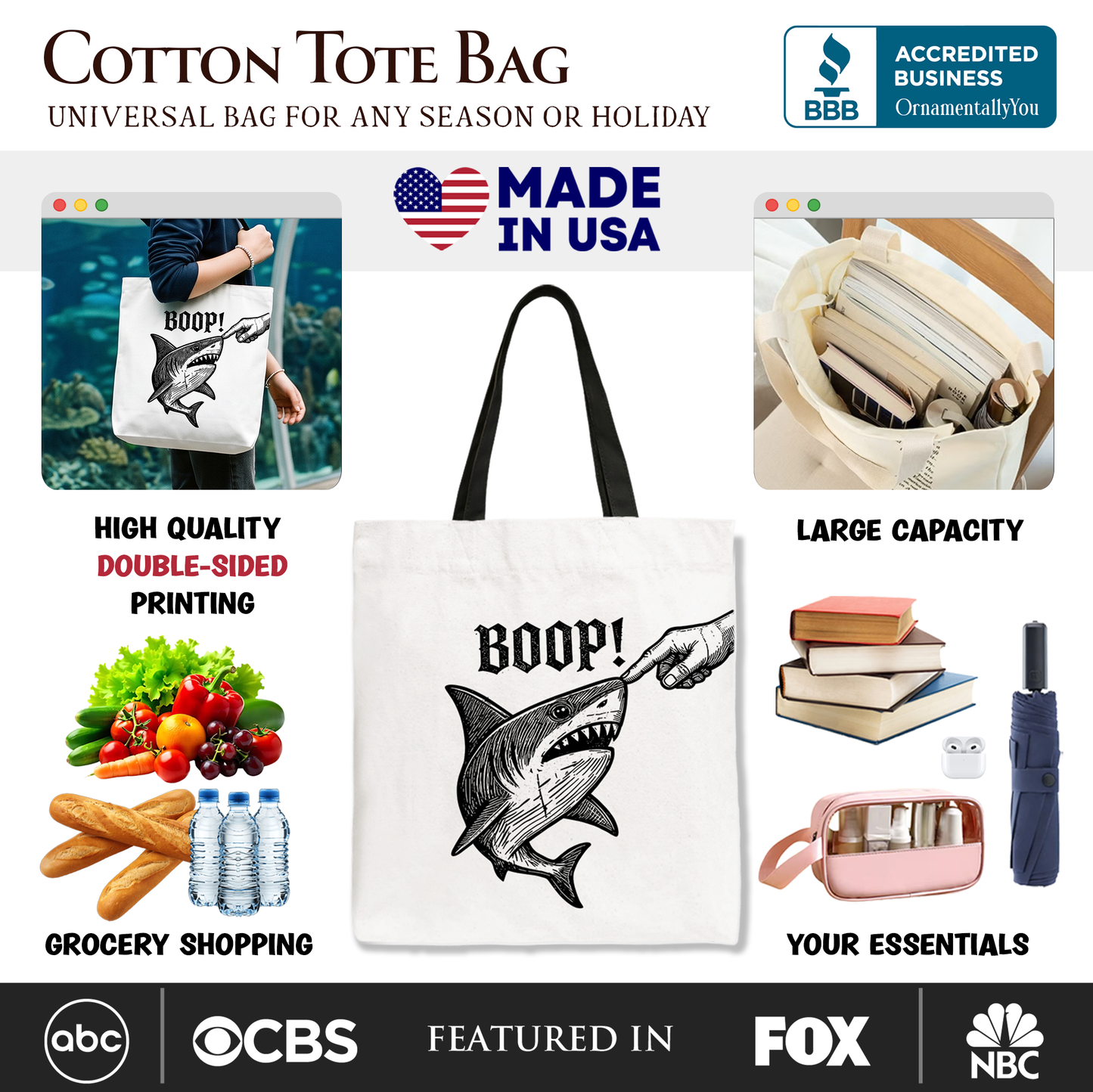 Boop Shark Tote Bag for Funny Ocean Gifts