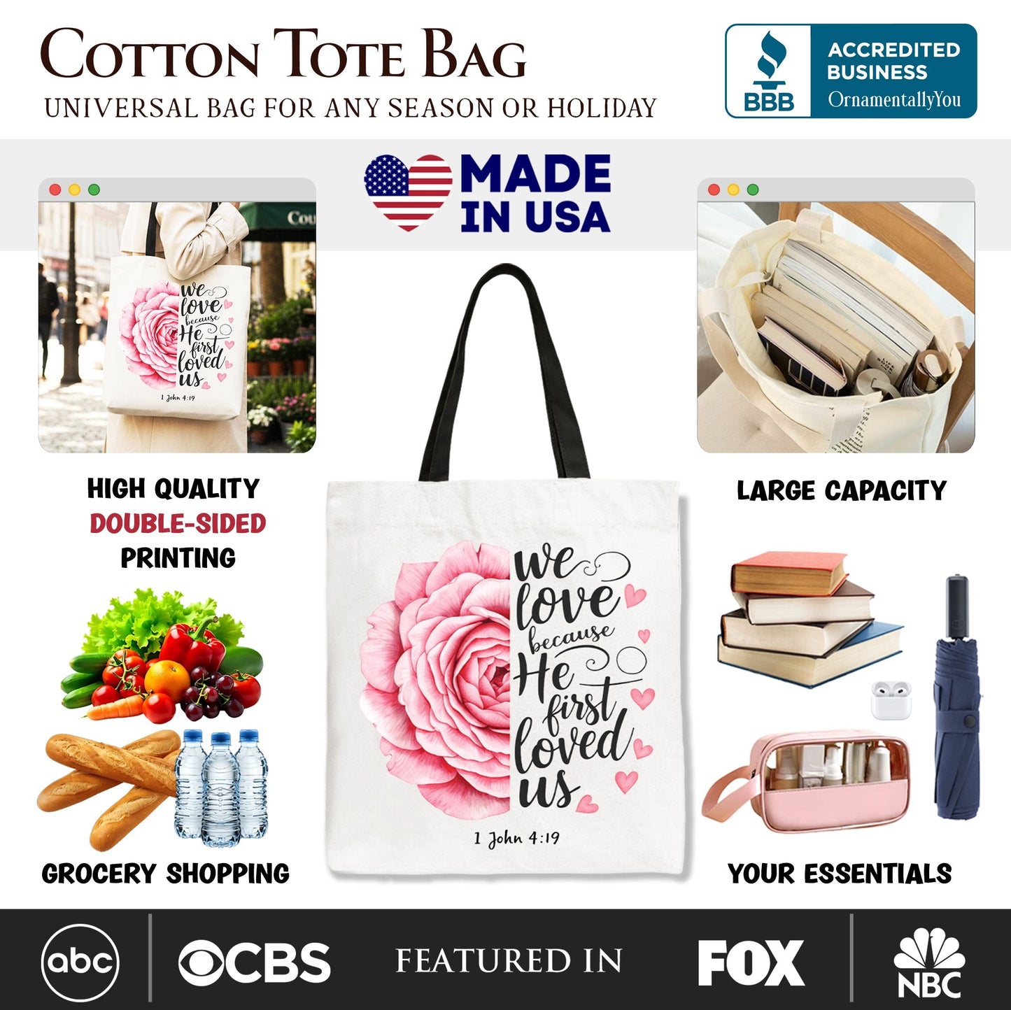 Floral Rose and Christian Canvas Verse Tote Bag