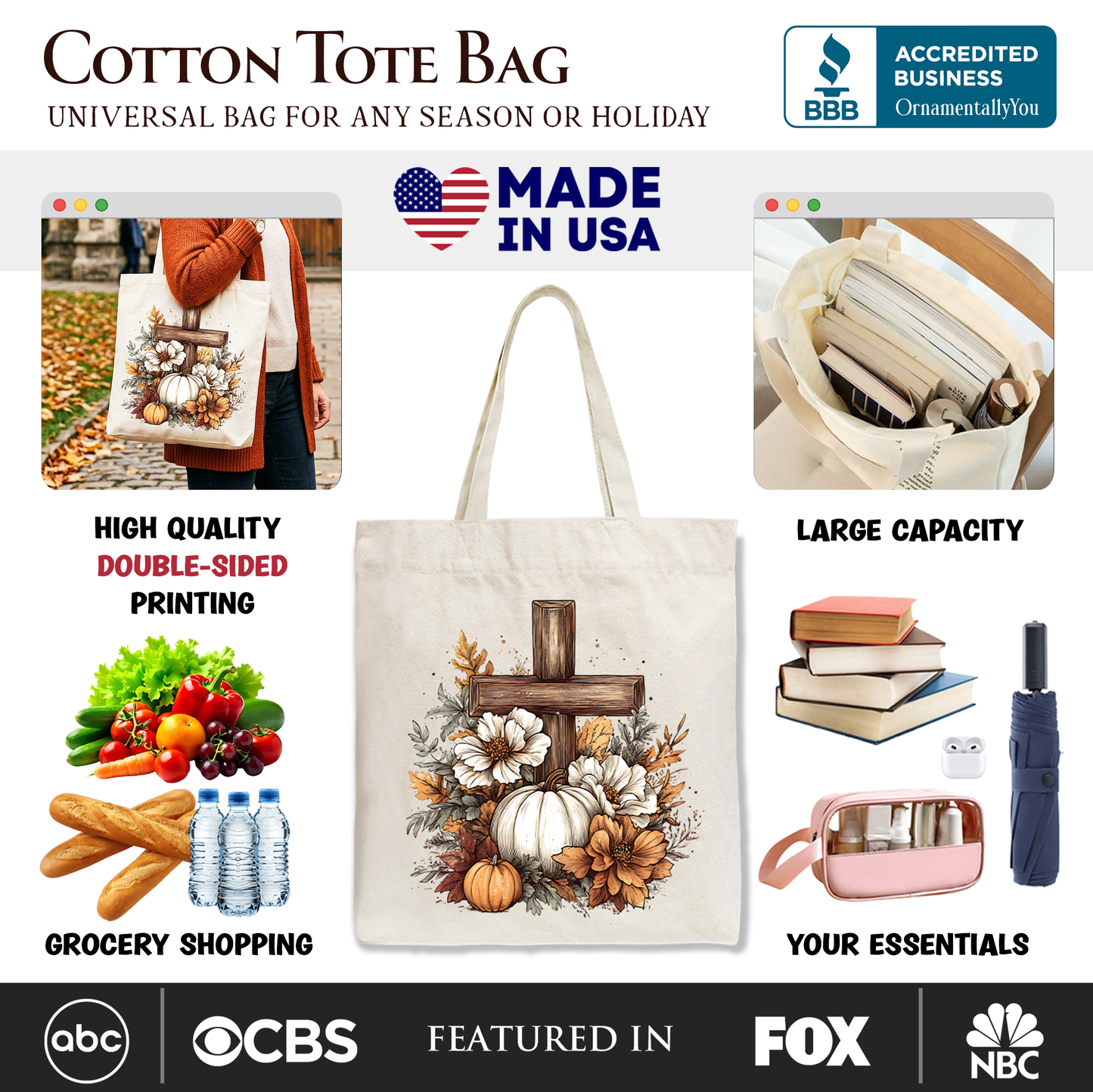 Faith Floral Pumpkin Cross Tote Bag For Fall