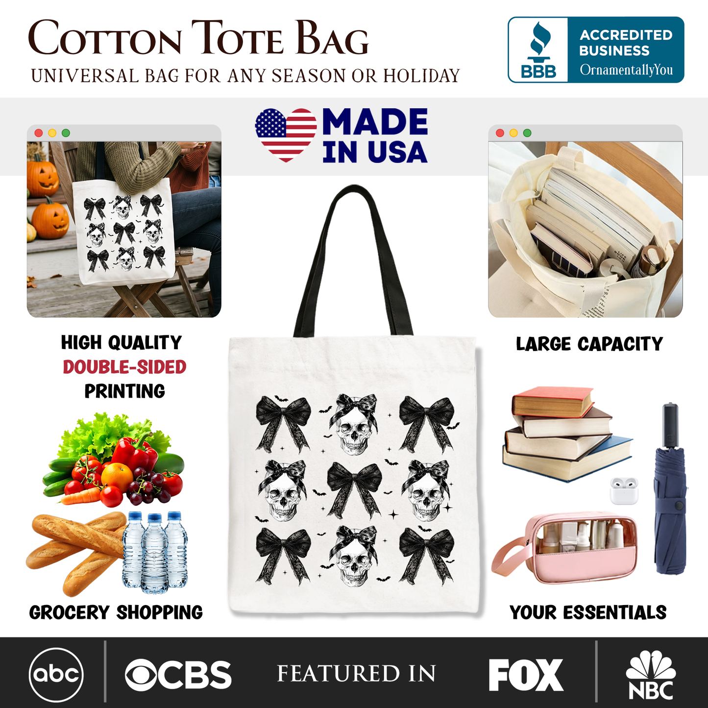 Black Gothic Coquette Skulls and Bows Tote