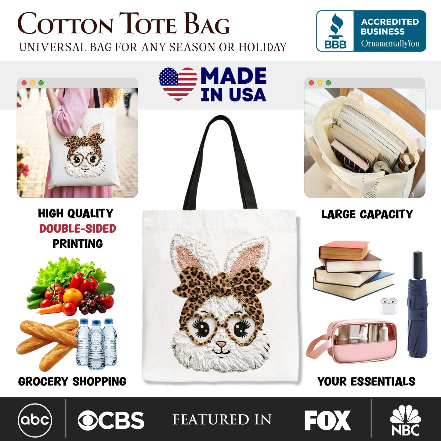 Canvas Easter Bunny Leopard Tote Bag and Bow