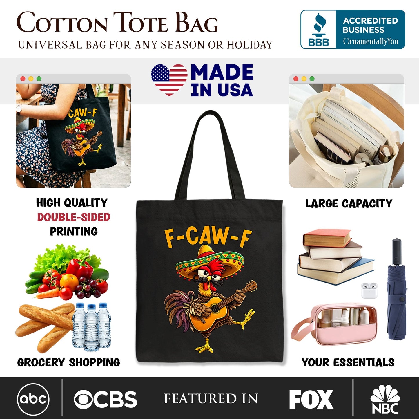 Funny Rooster and Cinco de Mayo Canvas Tote