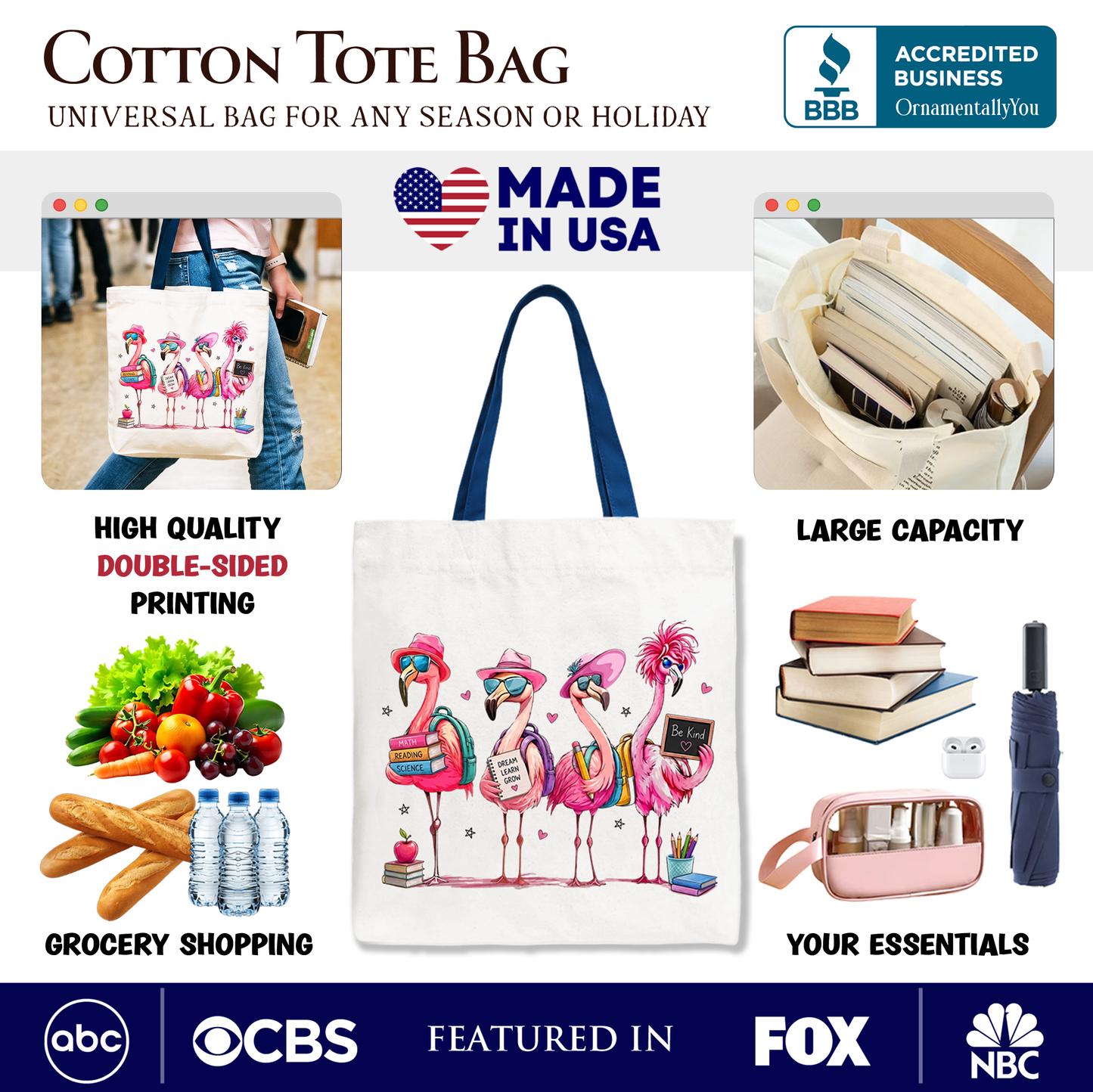 Cute Flamingo Back to School Canvas Tote Bag