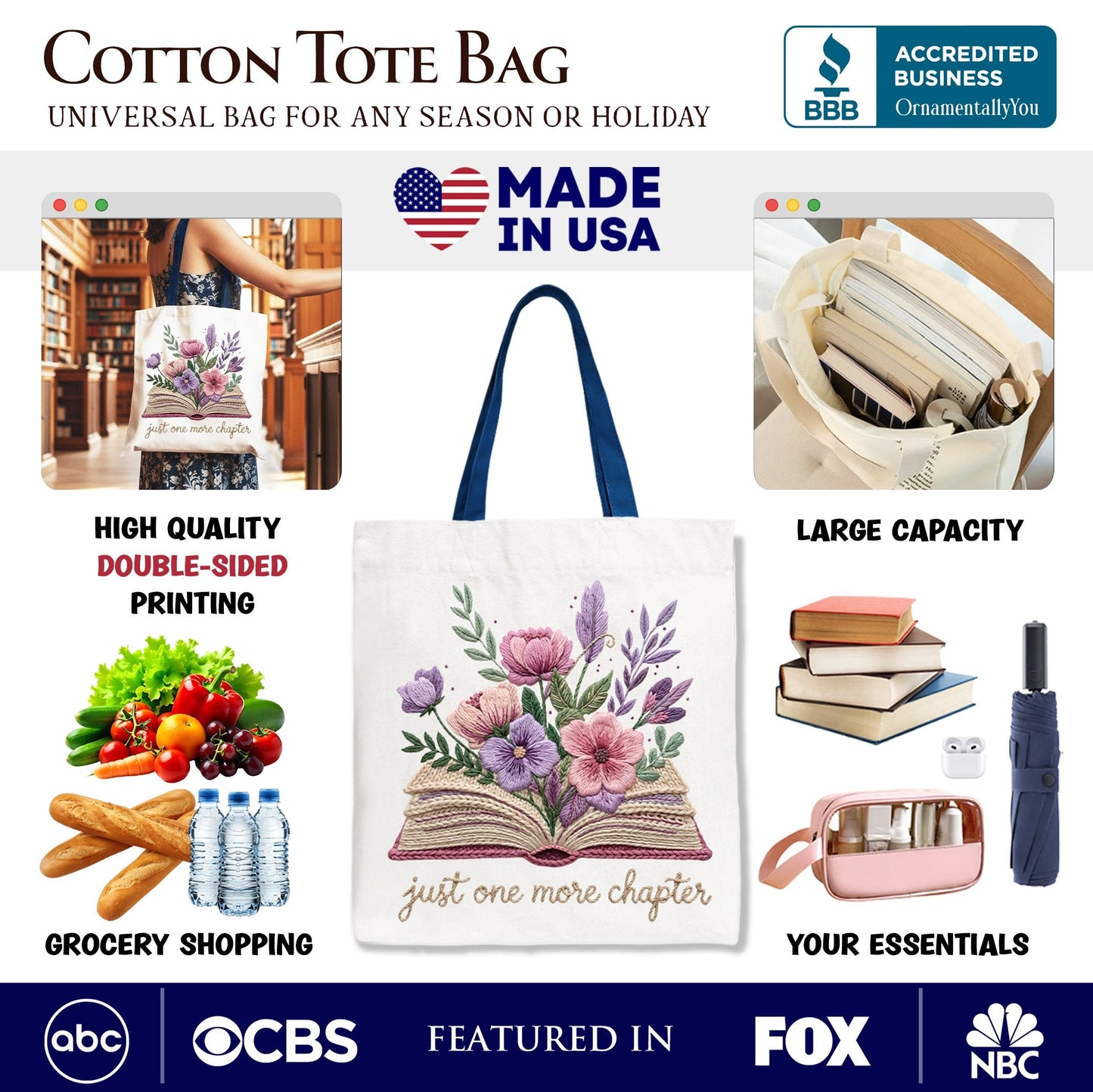 Floral Book Print Faux Crochet Tote for a Reader