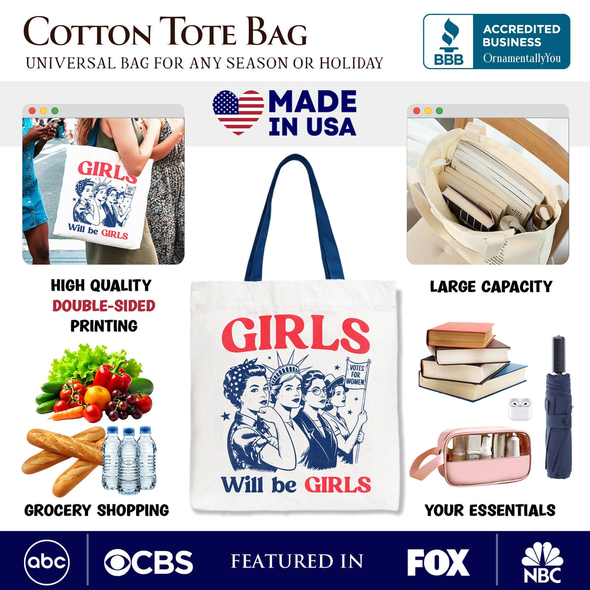 Patriotic Girls Will Be Girls Canvas Tote