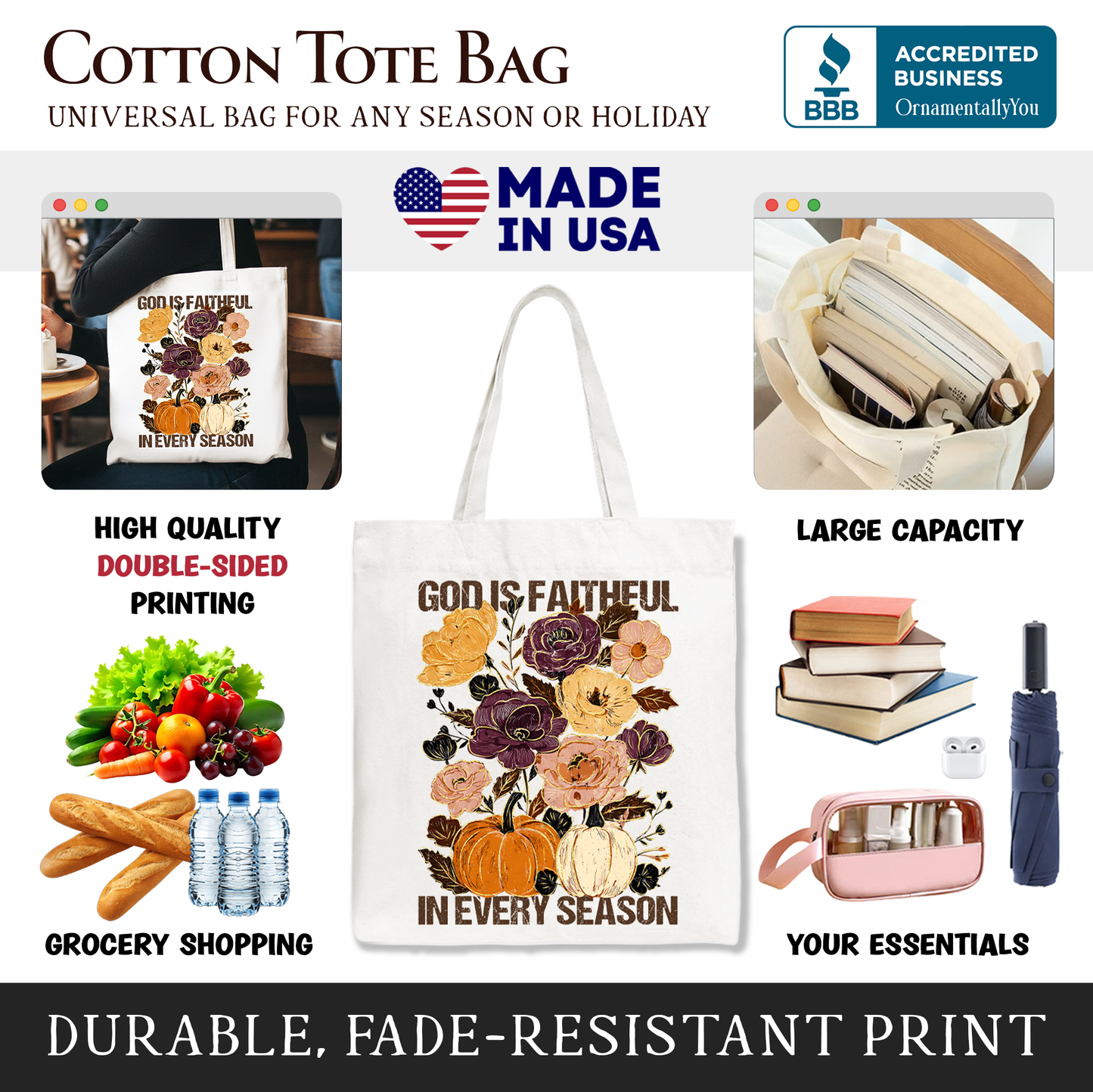 God Is Faithful And Floral Canvas Tote Bag