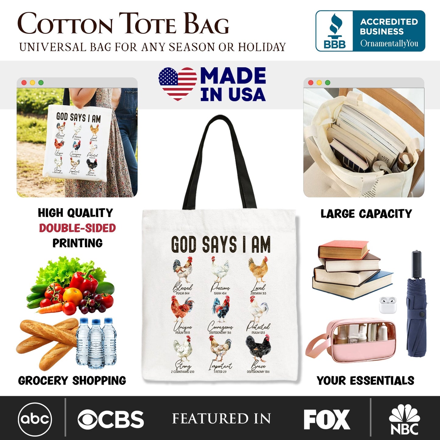 God Says I Am Christian Tote and Farm Rooster Bag