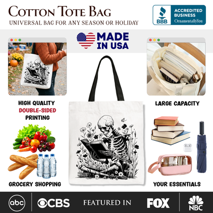 Gothic Reading Skeleton Canvas Floral Tote Bag