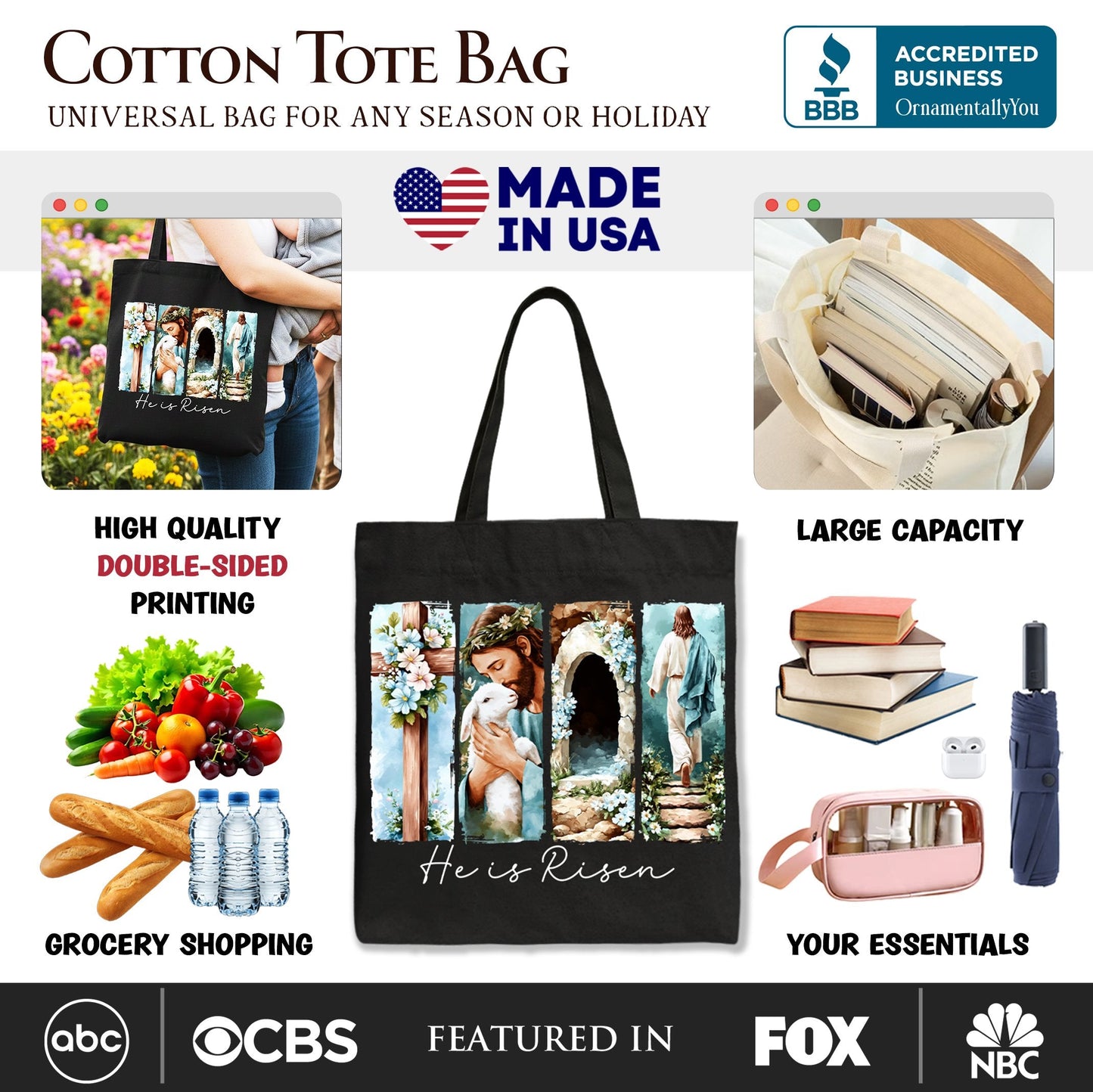He Is Risen Christian Canvas Tote Bag and Easter