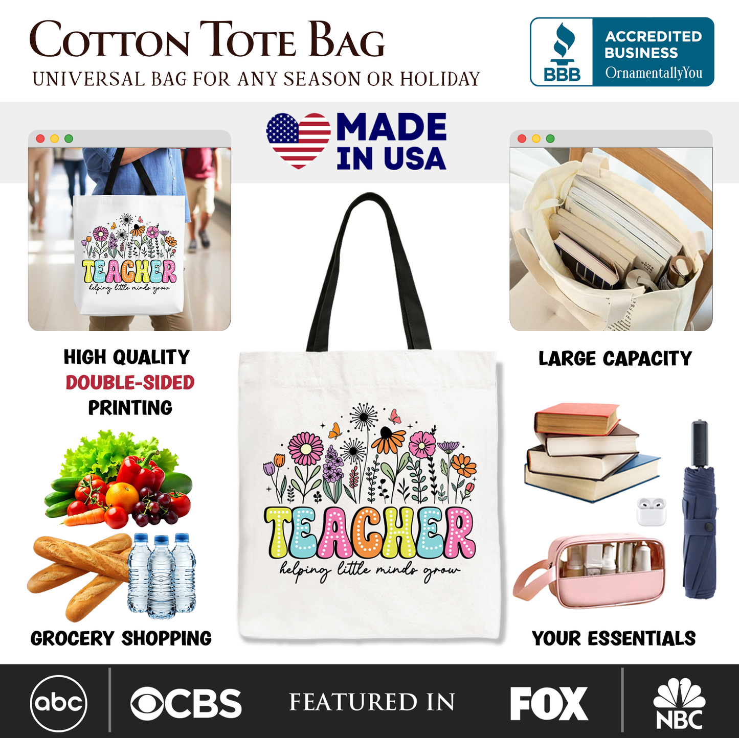 Canvas Teacher Tote Bag and Floral Pattern