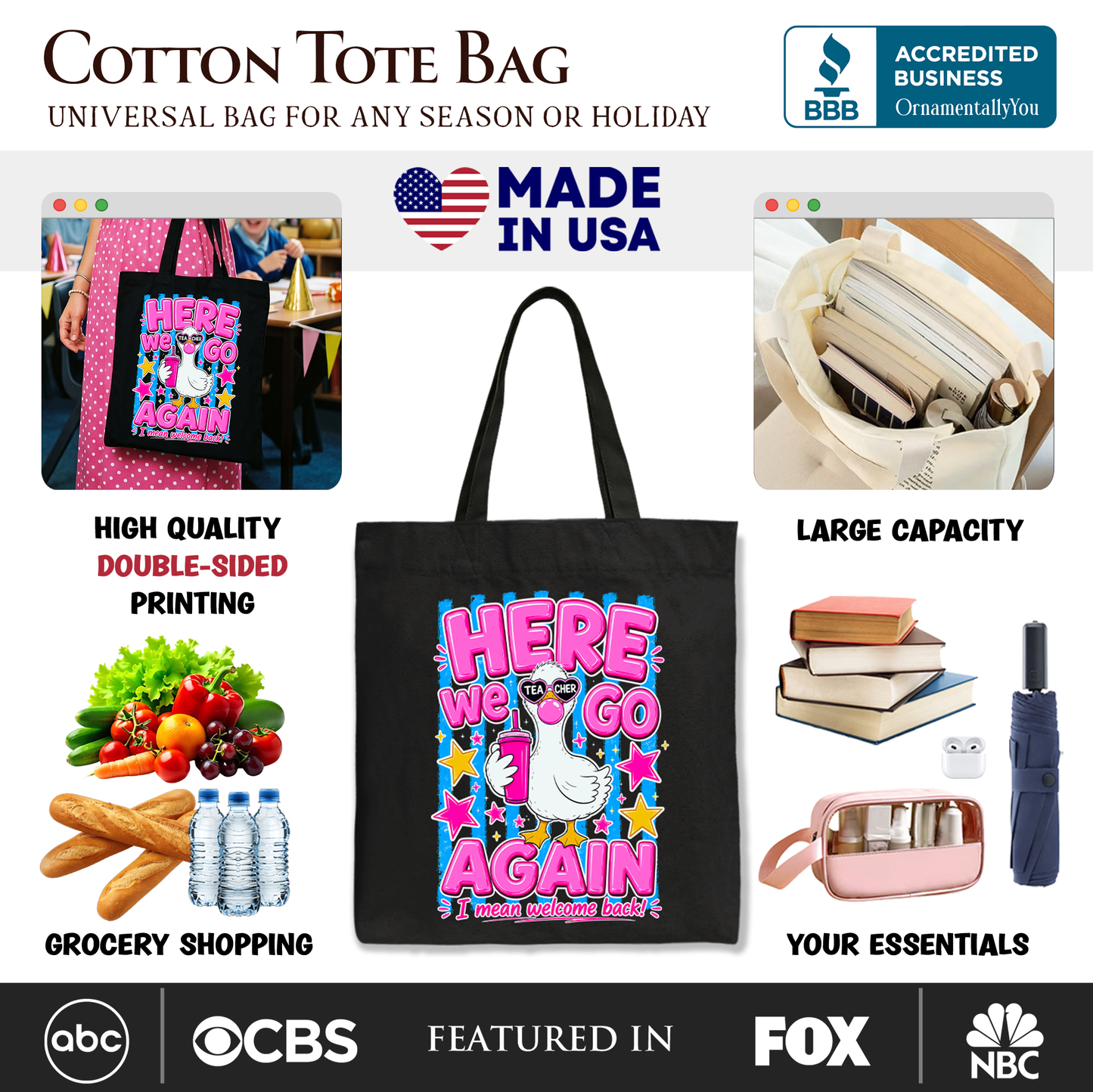 Here We Go Again the Teacher Goose Tote Bag