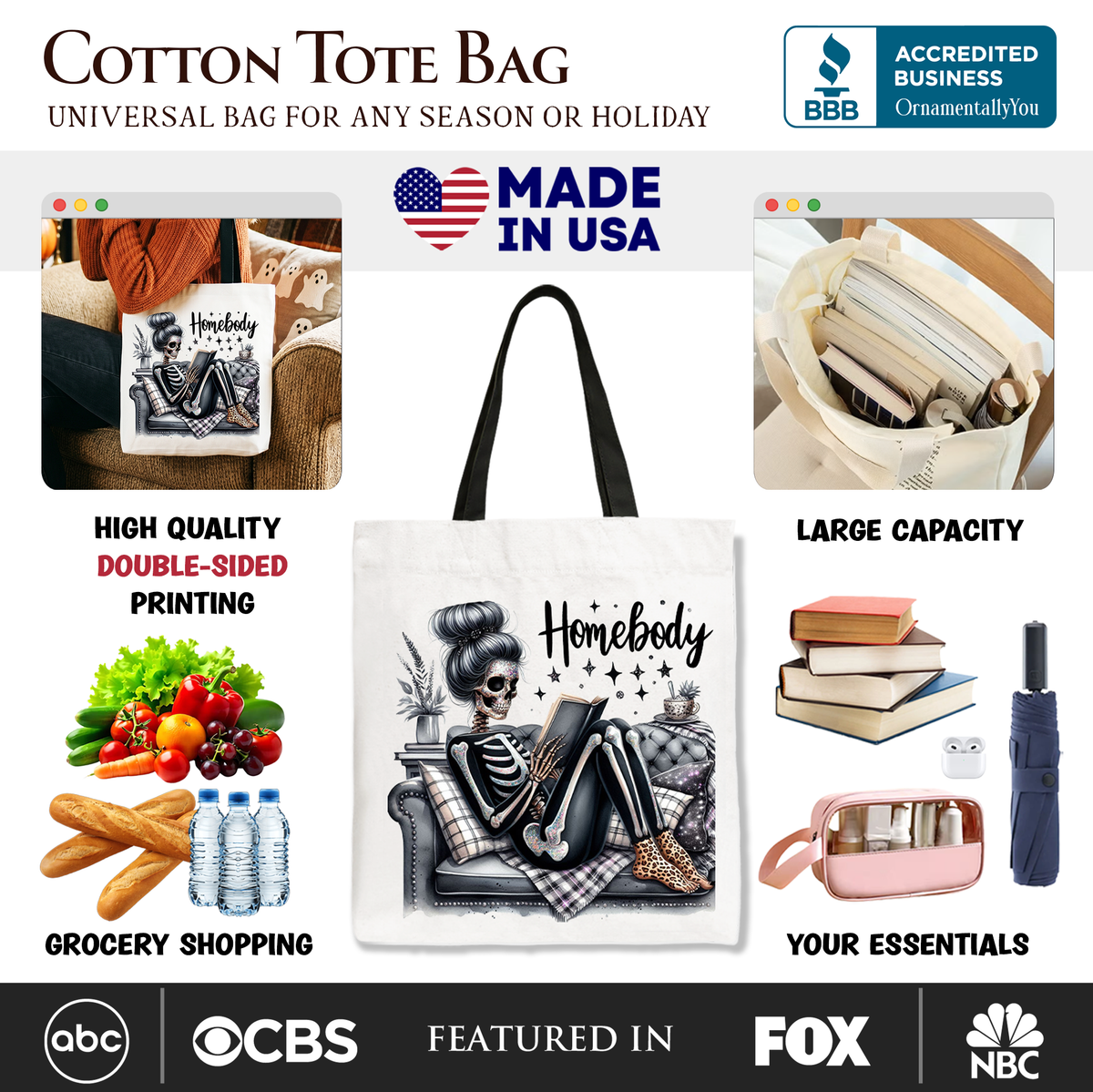 Funny Homebody and Reading Skeleton Tote