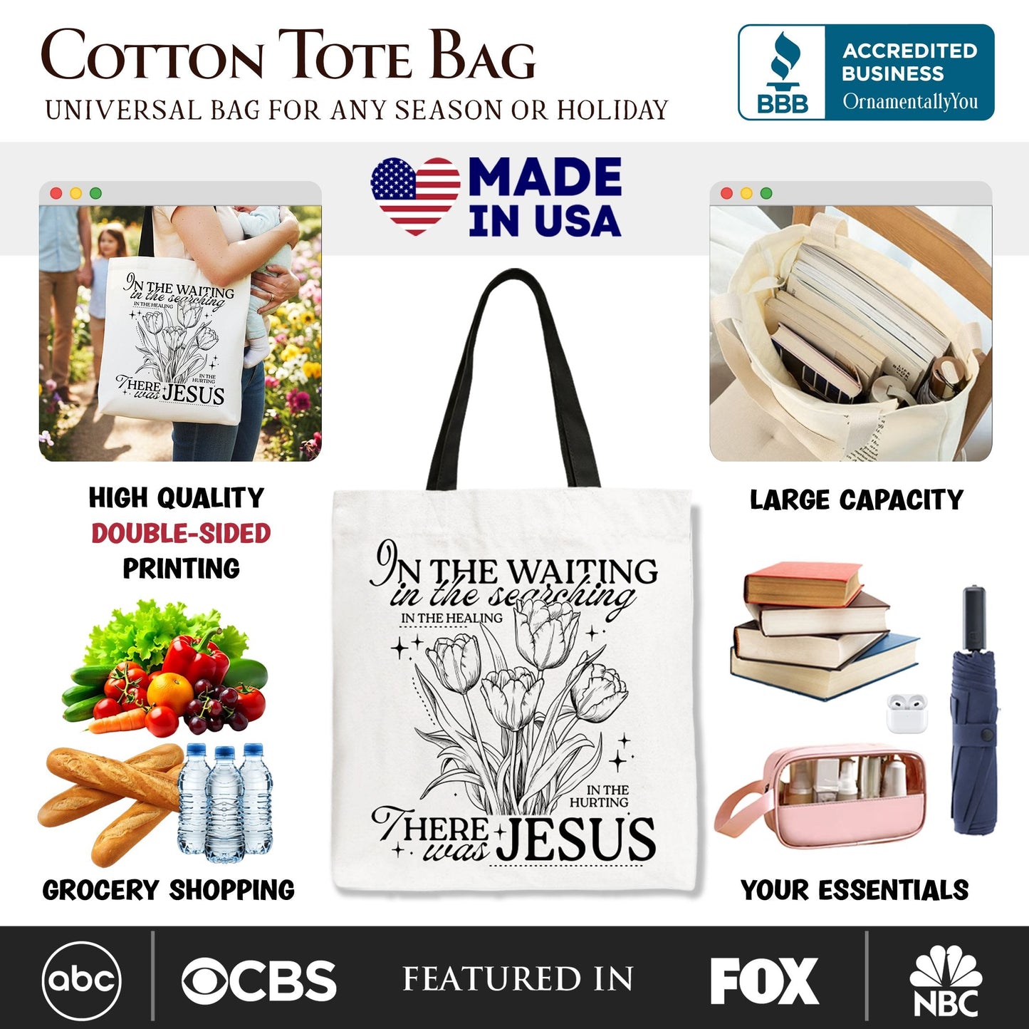 Handmade Floral and Faithful Jesus Canvas Tote