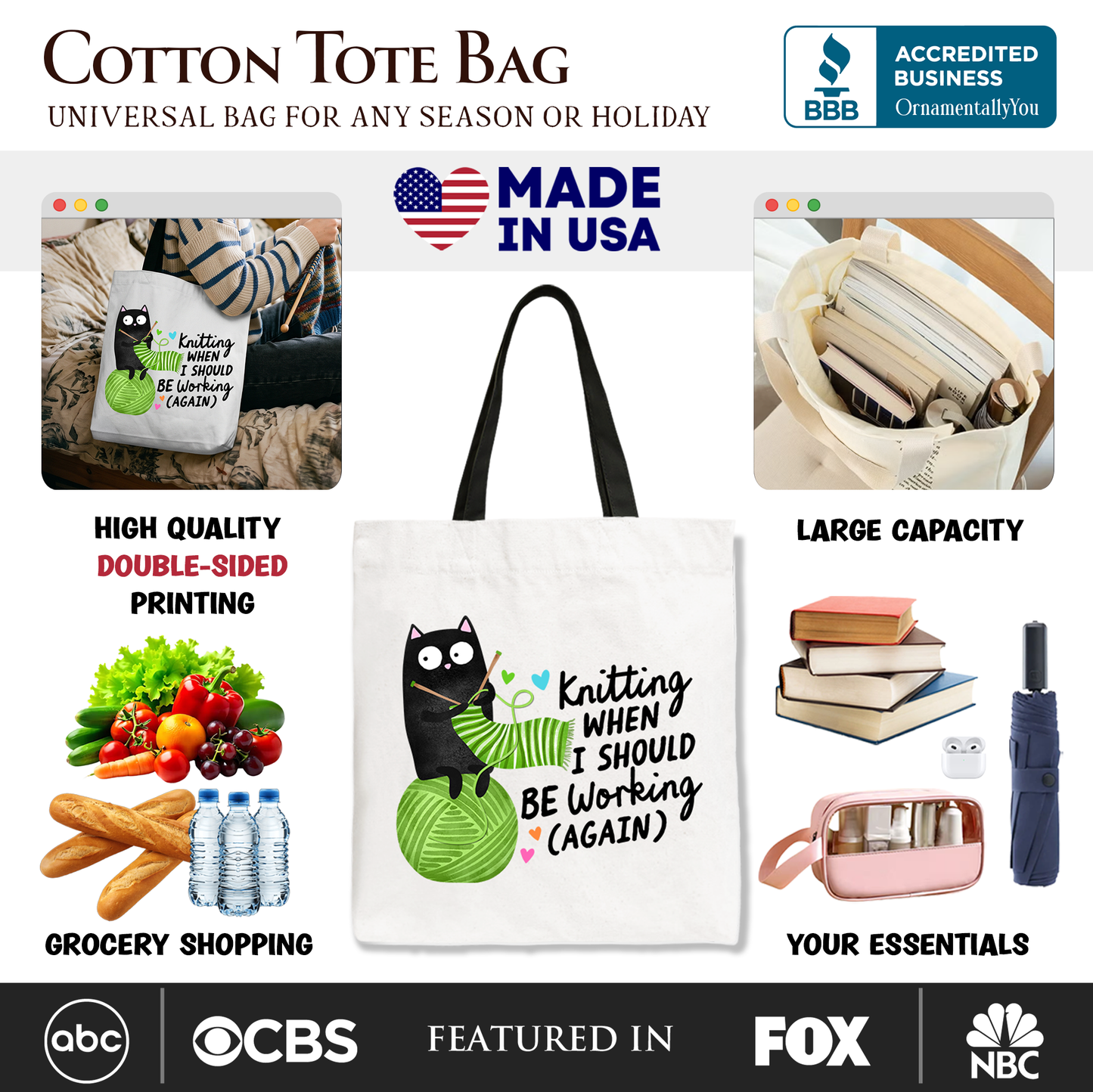 Cute Black Cat Knitting Tote Bag for Crafters