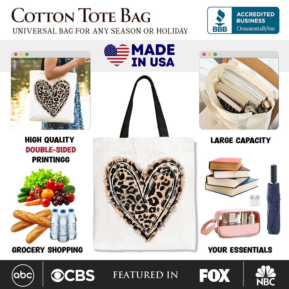 Leopard Heart Valentine Canvas Tote Bag, Love Design Shopper