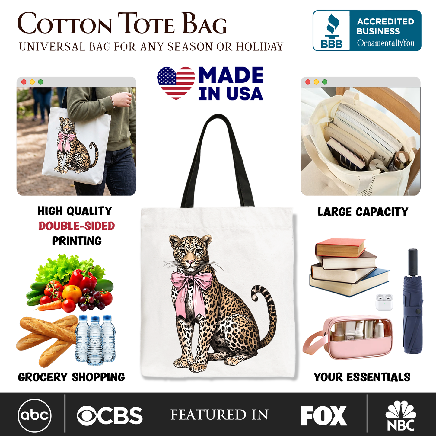 Leopard and Bow Canvas Tote Bag for Women