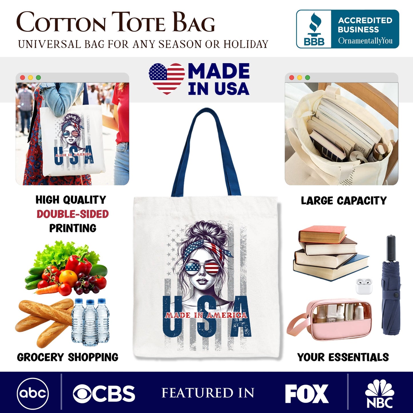 Made in America Messy Bun Patriotic Tote Bag