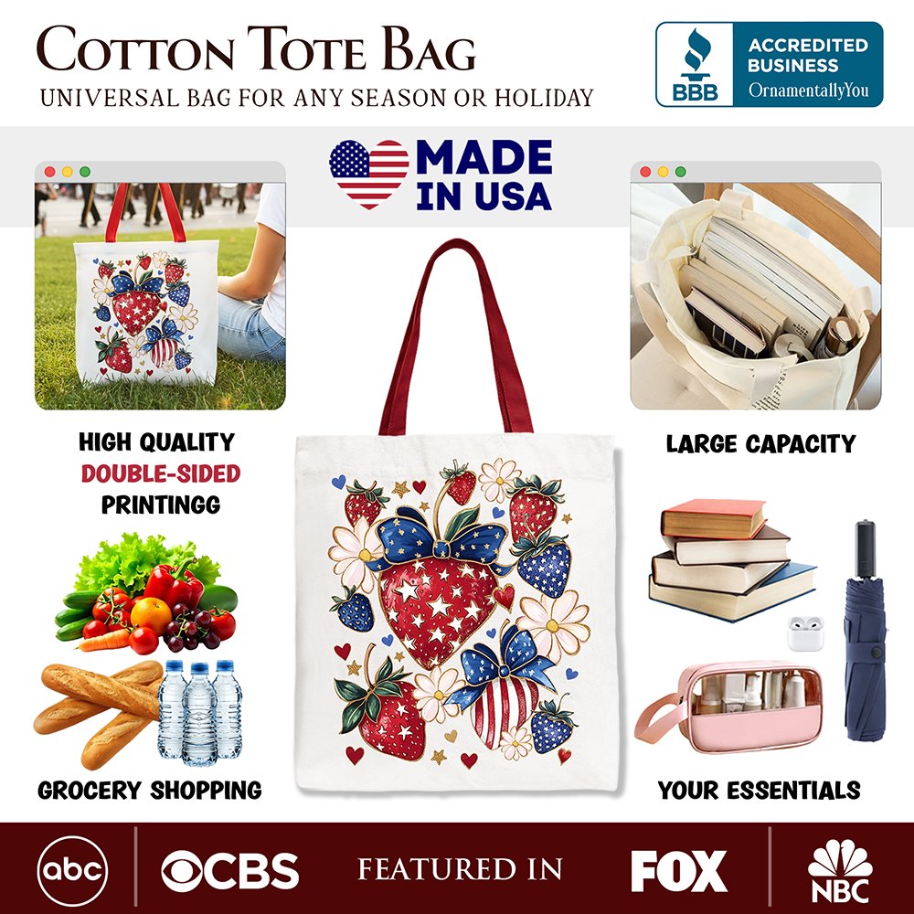 Patriotic Boho Strawberries and Canvas Tote Bag