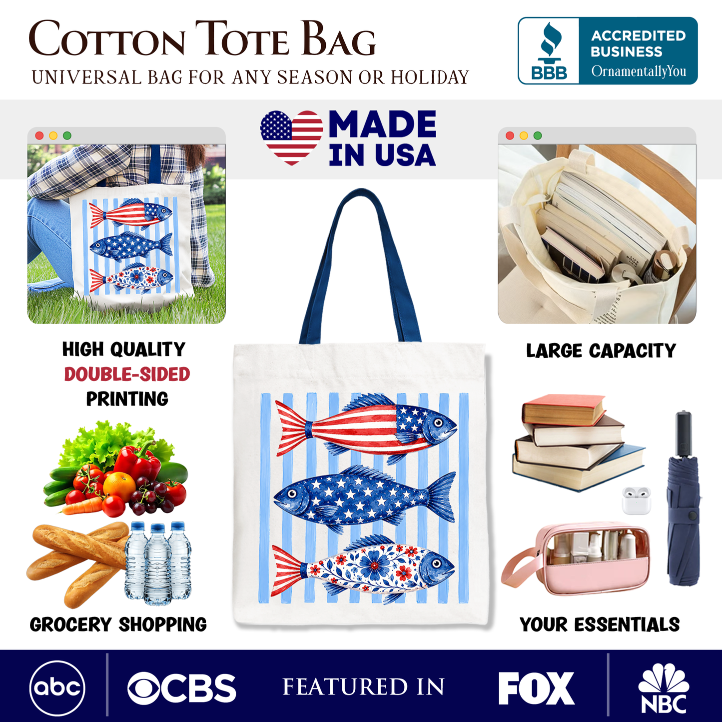 Patriotic Fish Striped Tote Bag for the Beach