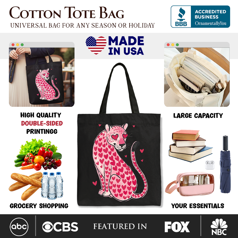 Pink Leopard Valentine Canvas Tote Bag, Cute Hearts Reusable Urban Bag