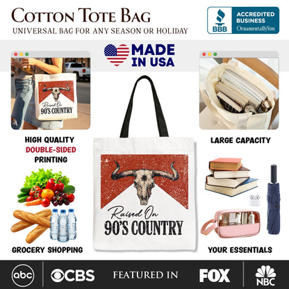 Raised On 90s Country Tote Bag With Bull Skull