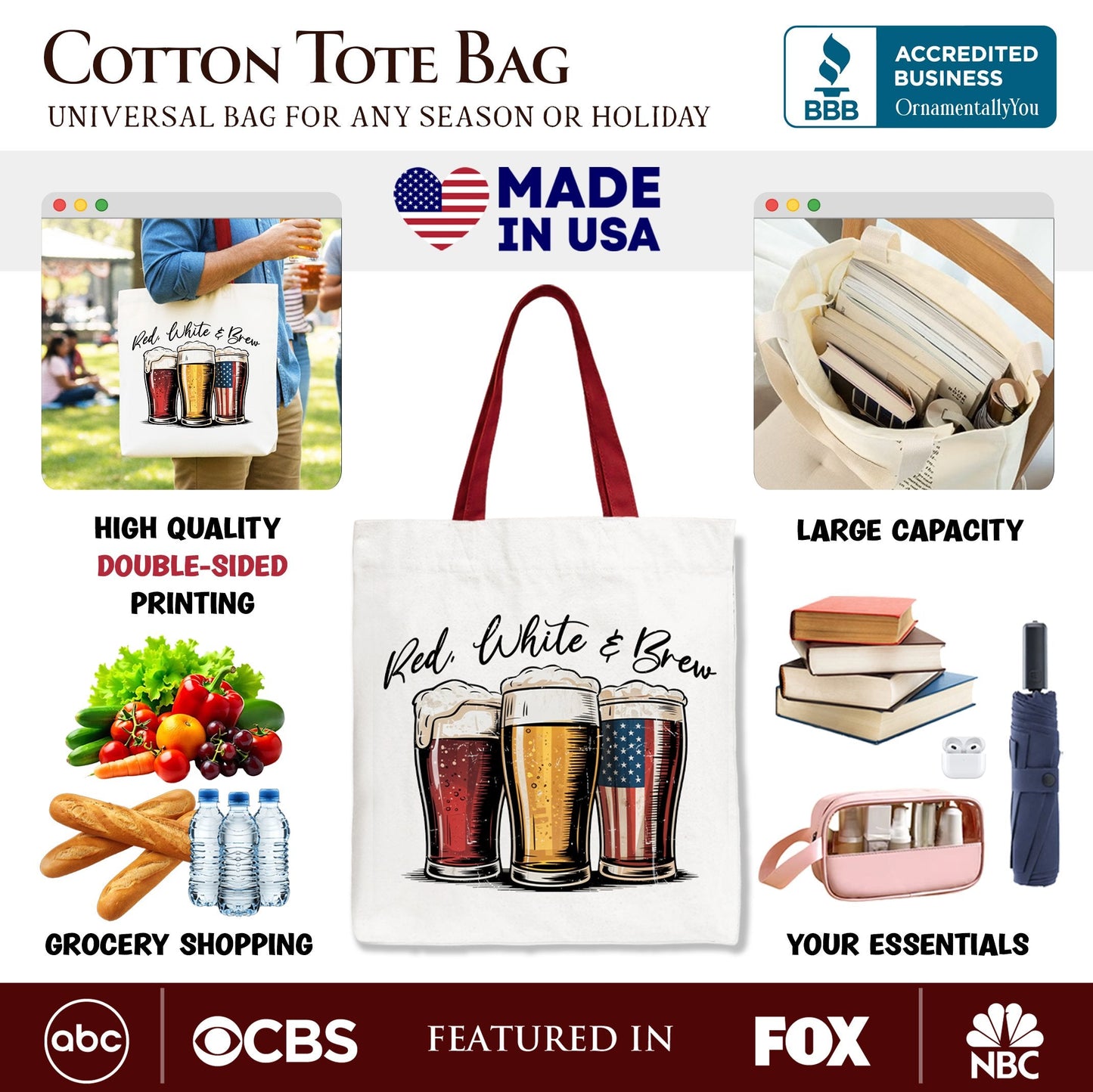 Red White and Brew Patriotic USA Canvas Tote