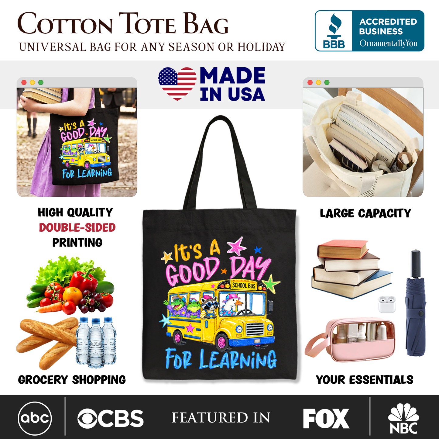 School Bus Good Day for Learning Canvas Tote
